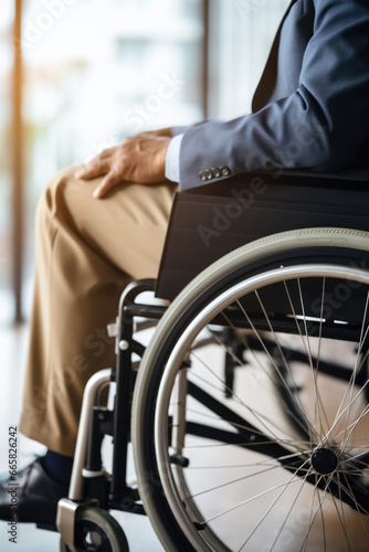 Disabled businessman in wheelchair in office workplace. Concept of inclusive employment and equality in business