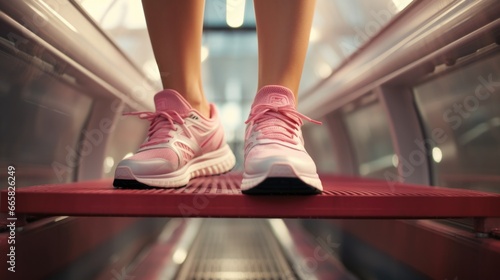Feet close-up in stylish, modern and comfortable sneakers on a treadmill. Health, sport concept