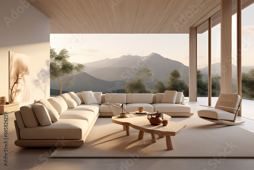 3d render of a beautiful large living room with beige furniture ai generative