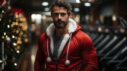 Sports Santa Claus, male bodybuilder in a festive red hat. Christmas and New Year holidays in the gym. Concept: Training and discounts on the eve of the holidays