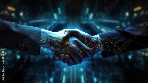 Businessmen handshake global stock market graph bar chart globe network connection links diagram background. 