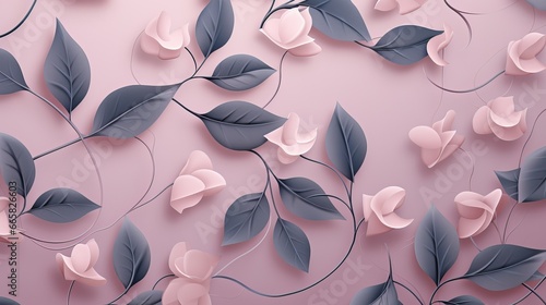Flowers and leaves on pink background, 3d render illustration, pink flowers and grey leaves on pink background, seamless pattern, beautiful floral design, flowers vine wallpaper photo