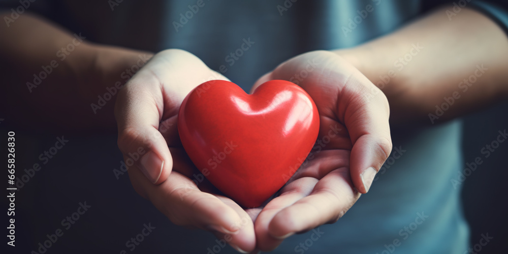 Close-up of red heart holding in hands, concept of health, donation and cardiology, symbolizing love, charity, and medical care Close-up of red heart holding in hands, concept of health, donation and cardiology, symbolizing love, charity, and medical care