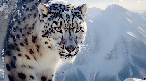 A white Snow leopard lies with piercing yellow eyes