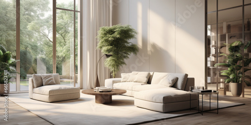 Interior design view of a living room, neutral colours and design furniture