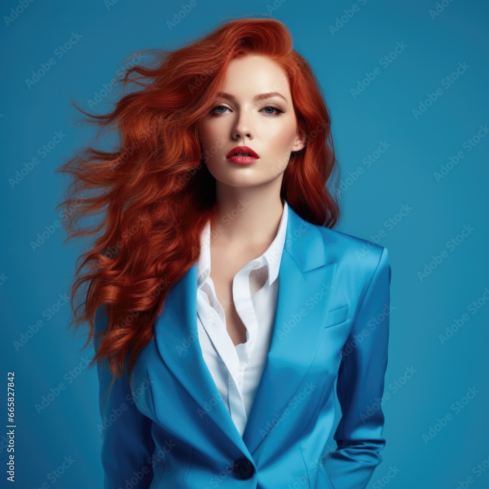 Beautiful business woman in a strict business suit on a blue background. Fashion, style and beauty concept. Beautiful business woman in a strict business suit on a blue background. Fashion, style and beauty concept.