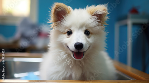 cute dog on the table at a veterinarian's appointment in a veterinary office, animal clinic, puppy, pet, treatment, doctor, canine, disease, medicine, hospital, wool, portrait, eyes, ill, room, funny