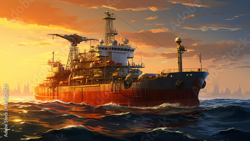 oil ship in sea with red sunset background.