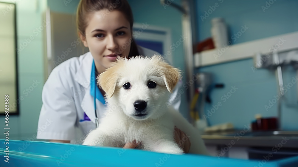 cute dog on the table at a veterinarian's appointment in a veterinary office, animal clinic, puppy, pet, treatment, doctor, canine, disease, medicine, hospital, wool, portrait, eyes, ill, room, funny cute dog on the table at a veterinarian's appointment in a veterinary office, animal clinic, puppy, pet, treatment, doctor, canine, disease, medicine, hospital, wool, portrait, eyes, ill, room, funny