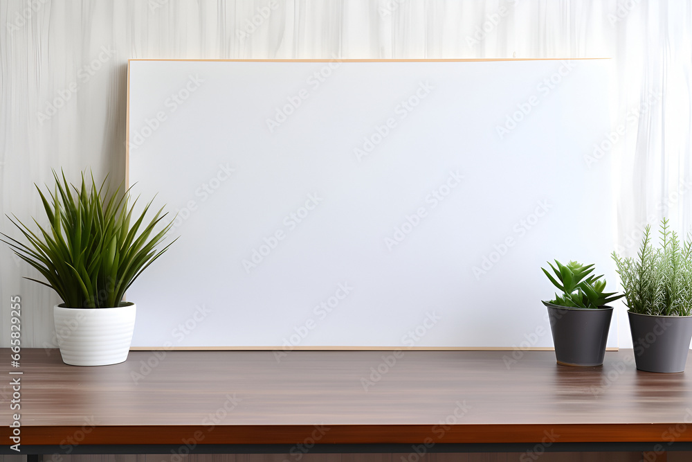 Home interior poster mock up with wooden frame, flower plant pots on the wooden shelf on the white wall background