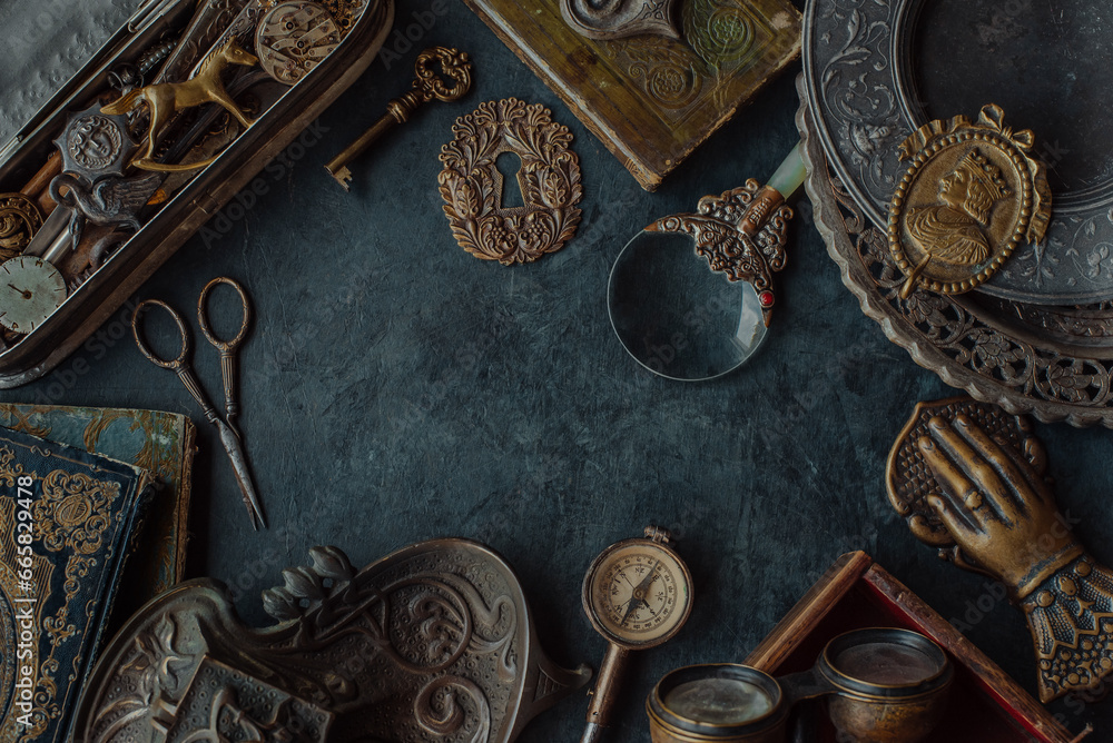 Antique background with old vintage collection - obrazy, fototapety, plakaty 