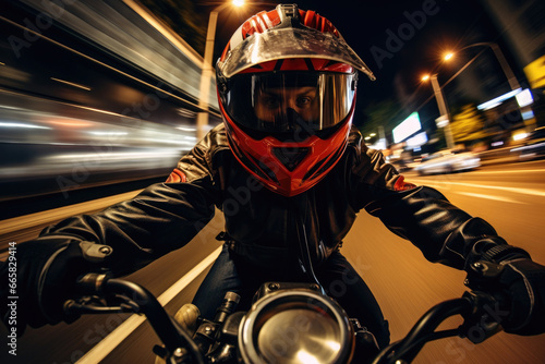 A motorcyclist embarks on a thrilling journey at night, embracing the freedom of the open road. Clad in leather and donning a helmet, this biker embodies the spirit of adventure. © ChaoticMind