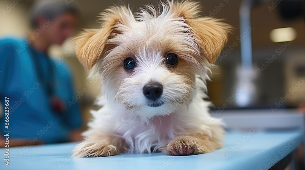 cute dog on the table at a veterinarian's appointment in a veterinary office, animal clinic, puppy, pet, treatment, doctor, canine, disease, medicine, hospital, wool, portrait, eyes, ill, room, funny cute dog on the table at a veterinarian's appointment in a veterinary office, animal clinic, puppy, pet, treatment, doctor, canine, disease, medicine, hospital, wool, portrait, eyes, ill, room, funny