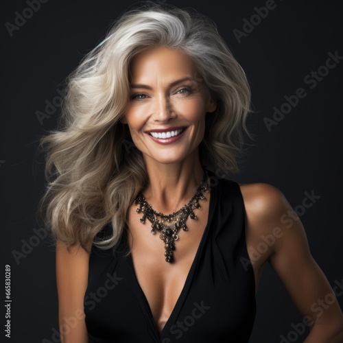photo portrait of a beautiful blonde older woman with a perfect smile. Fashion and beauty.