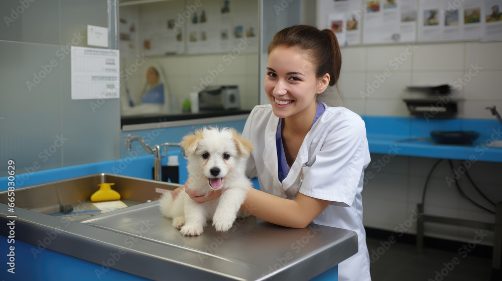 cute dog on the table at a veterinarian's appointment in a veterinary office, animal clinic, puppy, pet, treatment, doctor, canine, disease, medicine, hospital, wool, portrait, eyes, ill, room, funny cute dog on the table at a veterinarian's appointment in a veterinary office, animal clinic, puppy, pet, treatment, doctor, canine, disease, medicine, hospital, wool, portrait, eyes, ill, room, funny
