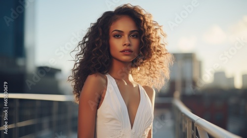 photo of a beautiful young woman in a white dress against the backdrop of a big city. Fashion and beauty. © koplesya