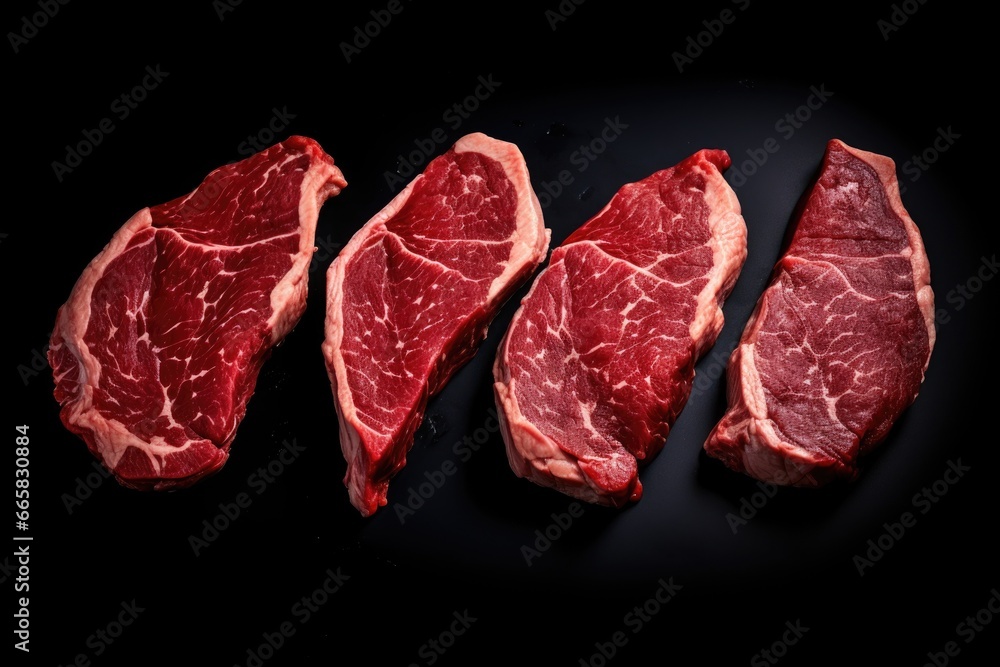 Creative flatlay pattern with black angus prime beef ribeye steak on black stone background. Closeup raw dry aged wagyu Rib-Eye beef steak roast. Meat chops. Food concept Creative flatlay pattern with black angus prime beef ribeye steak on black stone background. Closeup raw dry aged wagyu Rib-Eye beef steak roast. Meat chops. Food concept