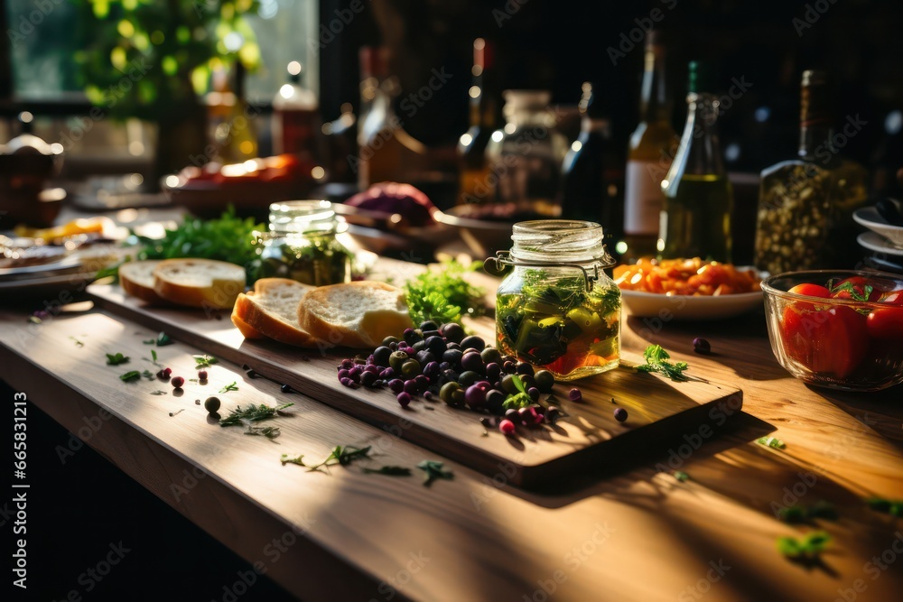 A photograph featuring a market stand showcasing the vibrant flavors of Mediterranean cuisine, with sun-ripened tomatoes, olives, feta cheese, and aromatic herbs in A photograph featuring a market stand showcasing the vibrant flavors of Mediterranean cuisine, with sun-ripened tomatoes, olives, feta cheese, and aromatic herbs in