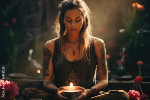 A sacred and ethereal yoga loft with soft candlelight, sacred geometry patterns, and a dedicated meditation space, facilitating deep introspection and spiritual growth
