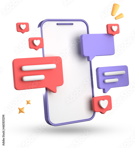 3d rendering of spartphone and speech bubble, 3D pastel chat with symbol, icon set.