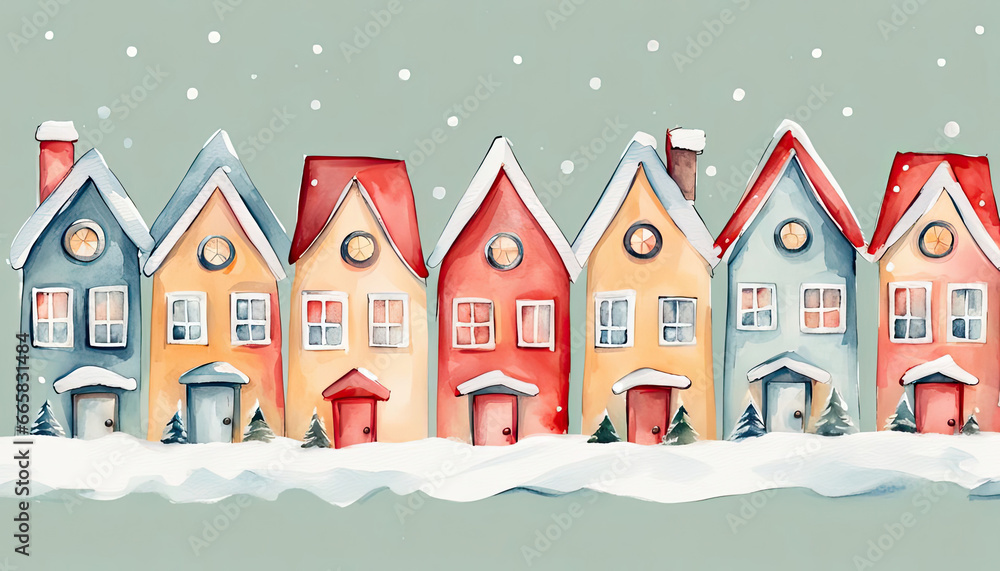 Cute winter houses with copy space digital art
