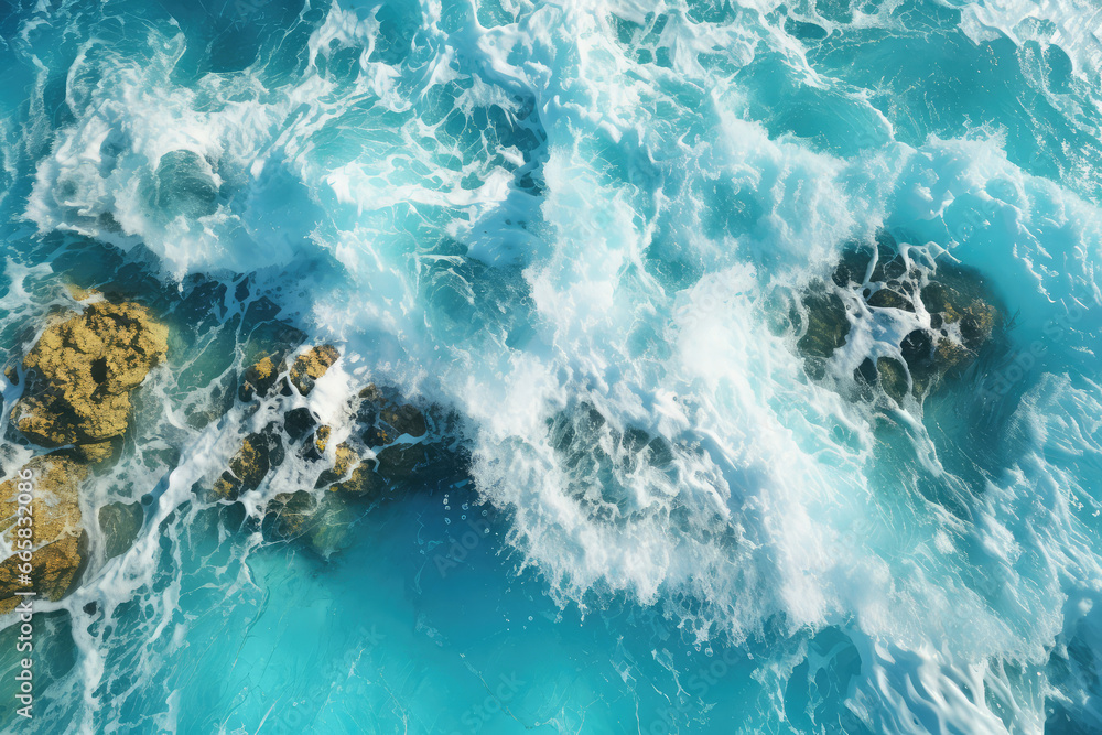 Obraz premium A bird's-eye view of waves gently caressing a sandy beach, with the sunlight casting a golden shimmer on the water's surface and highlighting the intricate ripples and textures