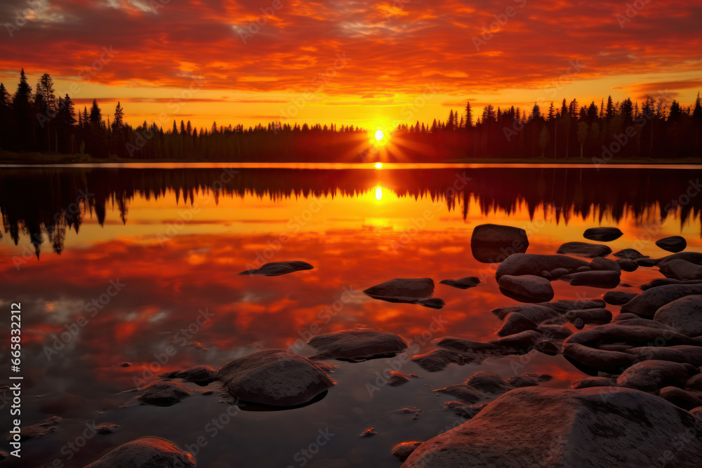 A breathtaking sunset over a tranquil lake, with vibrant hues reflecting on the calm water surface, capturing the beauty of the natural world in all its glory