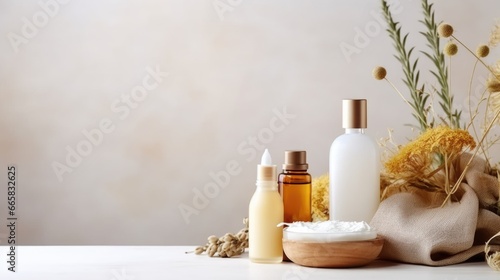 Natural cosmetics for face and body skin care on a light background. Facial care, cosmetology, beauty and spa concept
