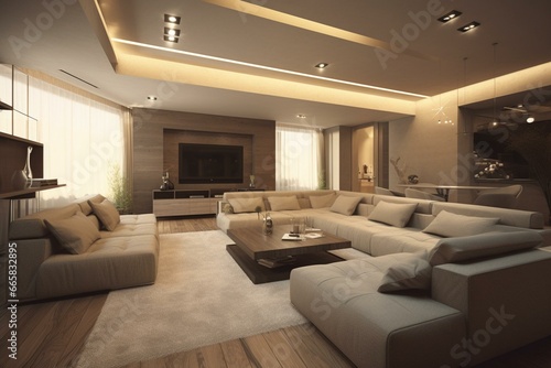 Contemporary 3D living area design. Generative AI © Idris