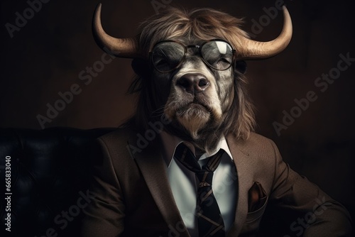 photo of a bull in a stylish formal business suit against the background of analyzing financial charts on a virtual screen © koplesya