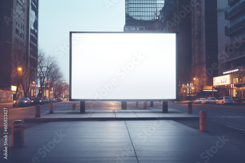 outdoor billboard white screen clean minimalistic, advertising message visual information attract attention passers-by and citizens. empty canvas for message, advertisement banner poster copy space.