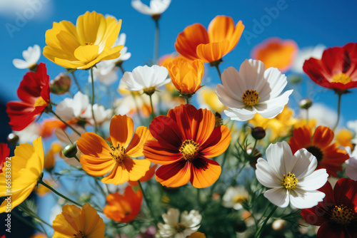 A field of vibrant cosmos flowers under the warm sun  creating a lively and colorful display of nature s beauty