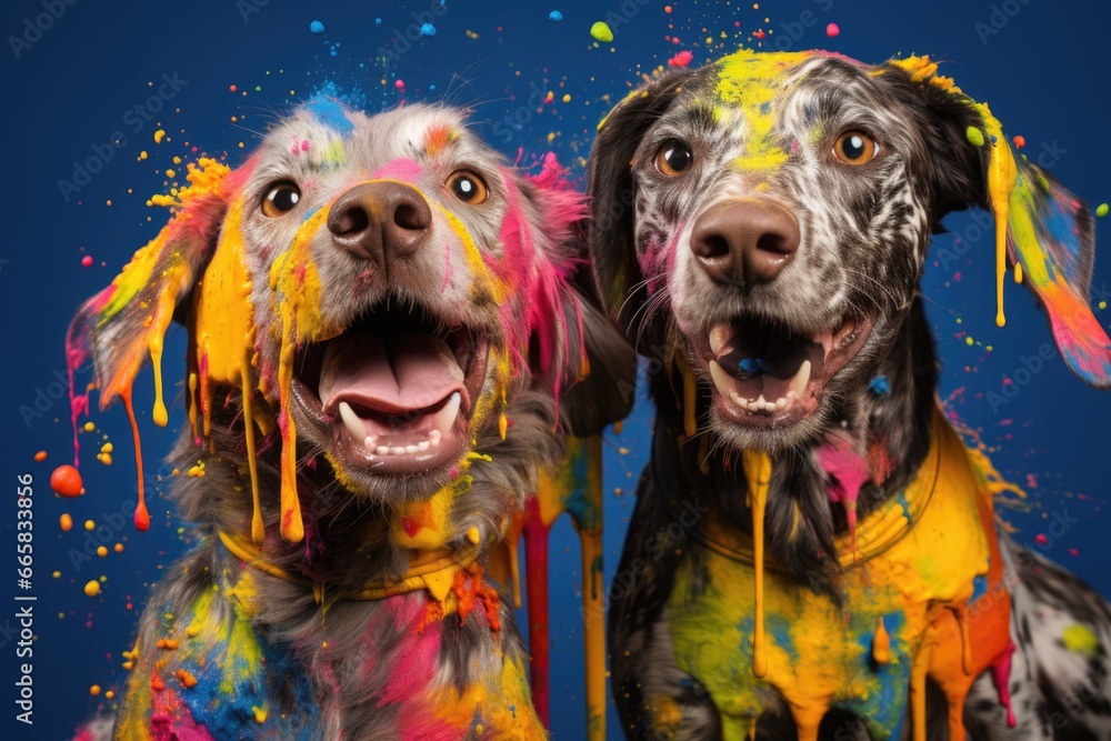 Portrait of a beautiful cheerful dog smeared with colored paint. Colors and creativity.