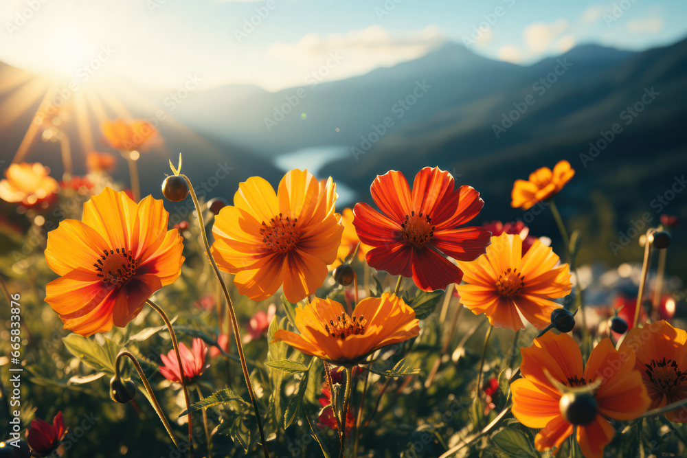 A field of vibrant cosmos flowers under the warm sun, creating a lively and colorful display of nature's beauty A field of vibrant cosmos flowers under the warm sun, creating a lively and colorful display of nature's beauty