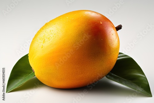 Mango fruit with leaves on a white background, close-up