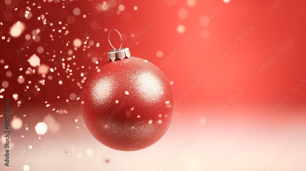Red christmas ball on red background with falling snow. 3D rendering Red christmas ball on red background with falling snow. 3D rendering