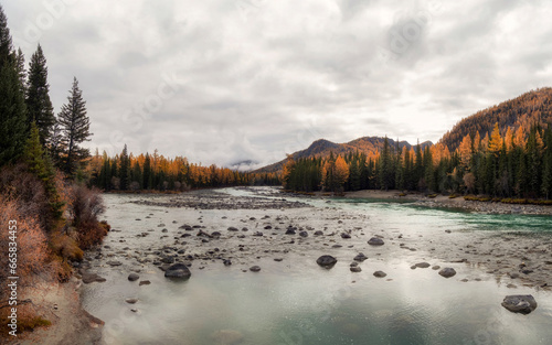 Wide flood of the river. Beautiful misty mountain landscape with wide Argut river. Gloomy scenery with big mountain river in mist. Dark atmospheric view to great river among mountains in rainy weather