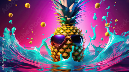 Pineapple with sunglasses, in colorful juicy splashes.