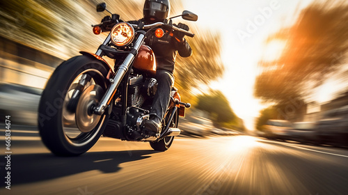 Custom motorbike biker rider on blurred country road © BeautyStock
