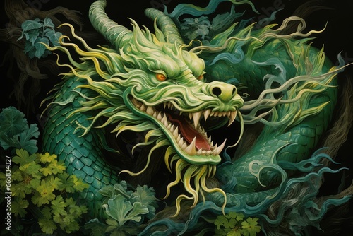 Green dragon on a black background closeup, fictional frightening character, symbol of the chinese new year 2024