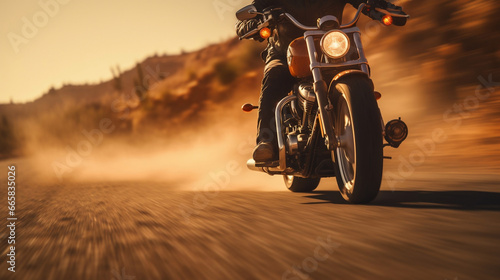 Custom motorbike biker rider on blurred desert road