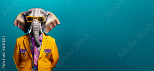 Cool looking elephant wearing funky fashion dress - jacket, tie, glasses. Wide banner with space for text at side. Stylish animal posing as supermodel. Generative AI