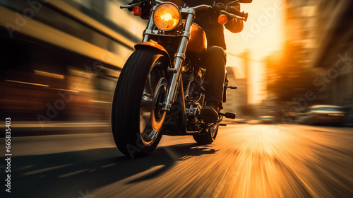 Custom motorbike biker rider on blurred city road