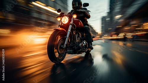 Custom motorbike biker rider on blurred city street © BeautyStock