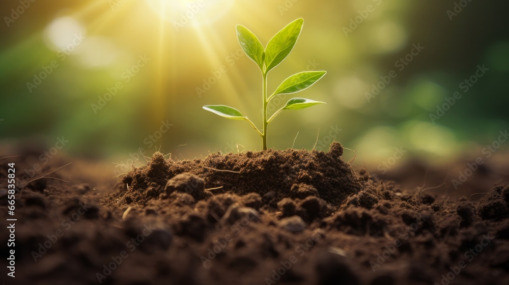Seedling are growing from the rich soil with business arrow of growth. Concept of business growth, profit, development and success Seedling are growing from the rich soil with business arrow of growth. Concept of business growth, profit, development and success