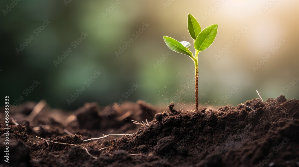 Seedling are growing from the rich soil with business arrow of growth. Concept of business growth, profit, development and success Seedling are growing from the rich soil with business arrow of growth. Concept of business growth, profit, development and success