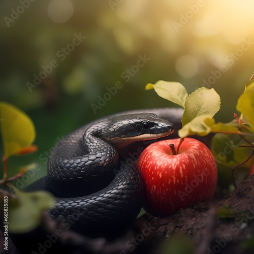 Black snake with an apple fruit in a branch of a tree. Forbidden fruit concept.