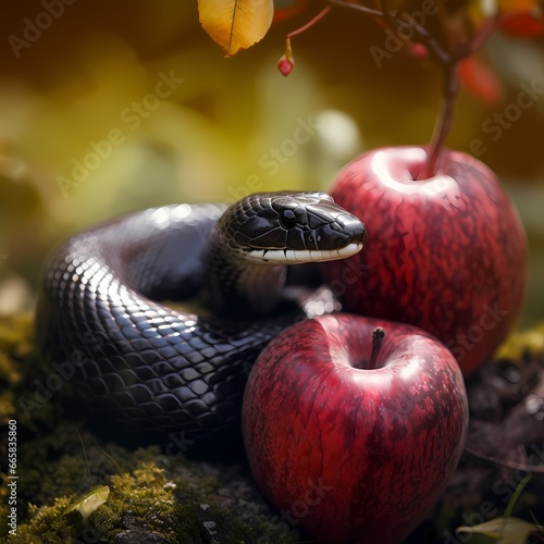 Black snake with an apple fruit in a branch of a tree. Forbidden fruit concept.