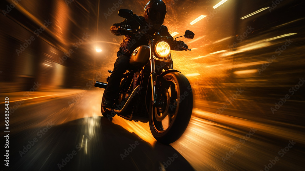 Custom motorbike biker rider on blurred highway