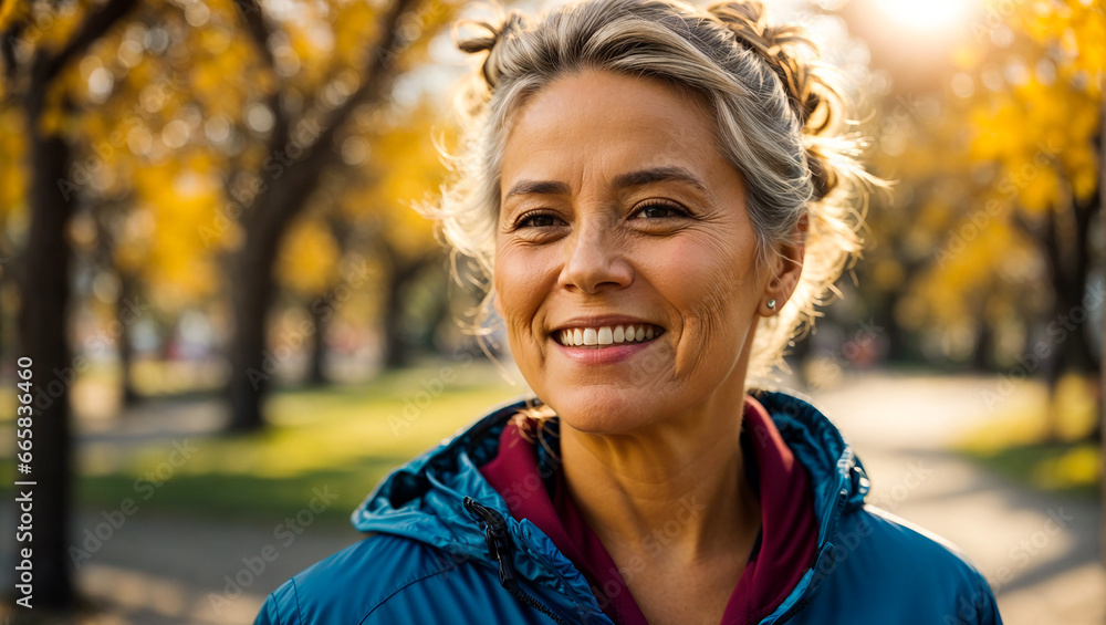 portrait of an elderly woman jogging, autumn park portrait of an elderly woman jogging, autumn park